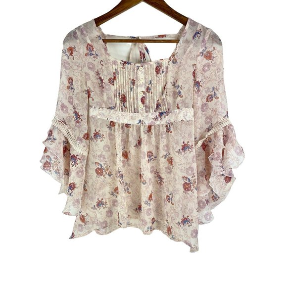 Decree Tops - Decree Babydoll Sheer Floral Bell Sleeve Top Size Small